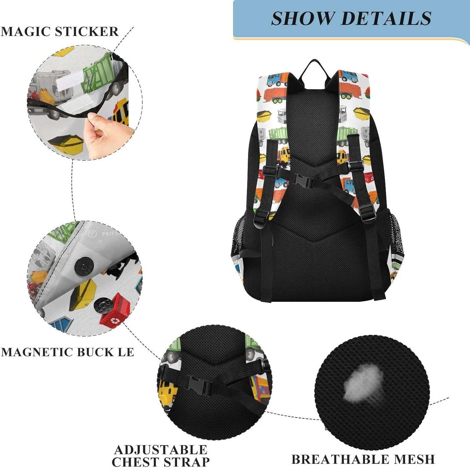 Garbage Trucks Backpack for Student; School Backpacks Travel Laptop Bags Bookbags for Suitable for ages 6-12 Student