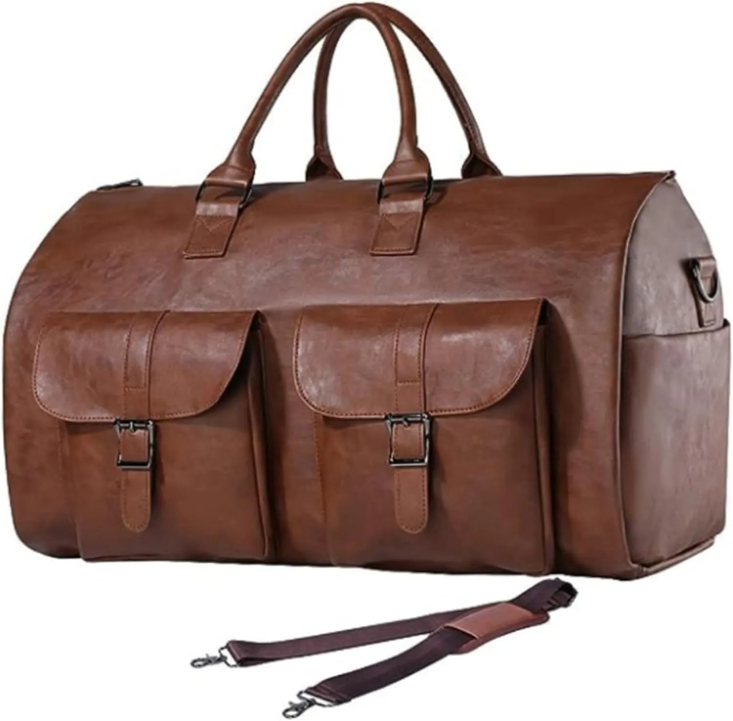 Garment Bags for Travel, 22inch PU Leather Convertible Garment Bag with Multi-Pockets, 2 in 1 Duffle Bag Suit Bag for Hanging Clothes (Brown)(Brown)