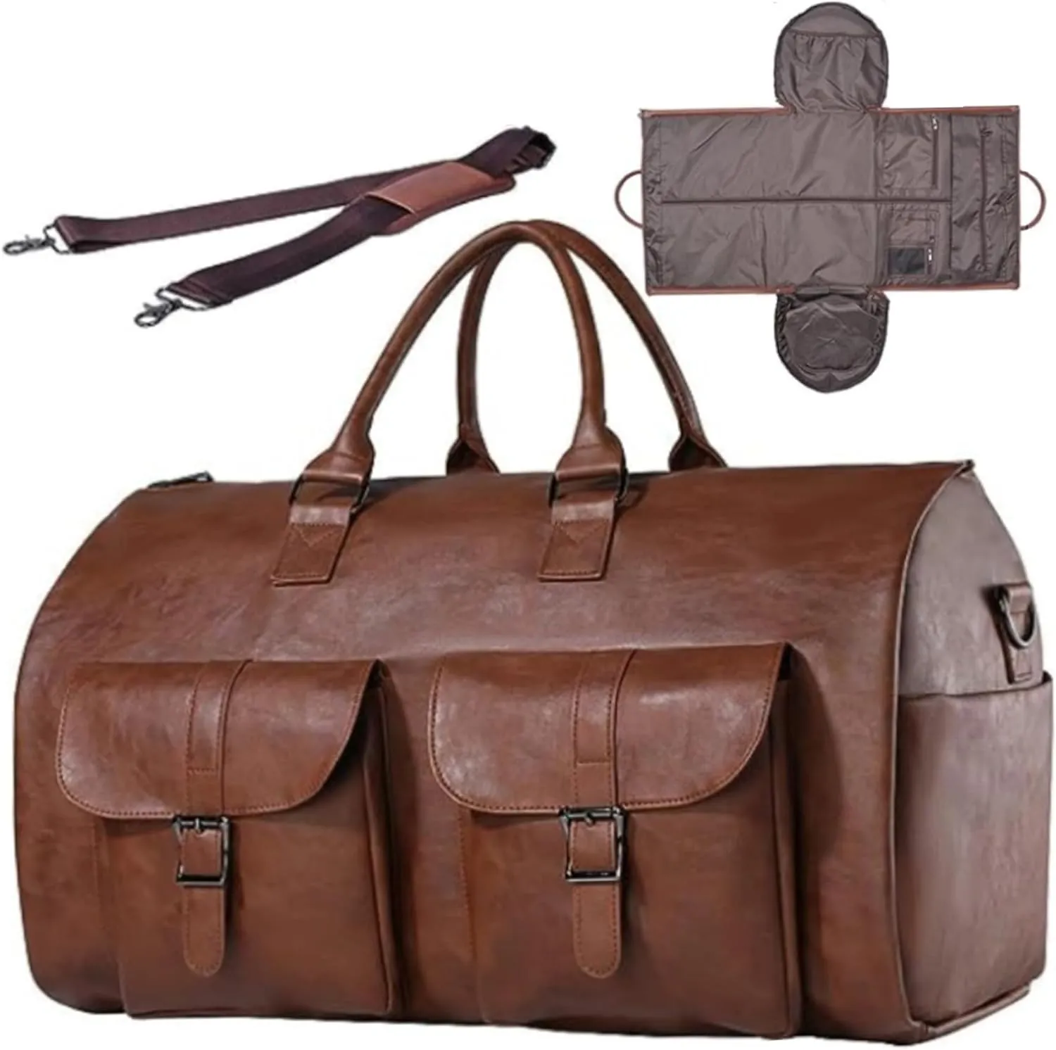 Garment Bags for Travel, 22inch PU Leather Convertible Garment Bag with Multi-Pockets, 2 in 1 Duffle Bag Suit Bag for Hanging Clothes (Brown)(Brown)
