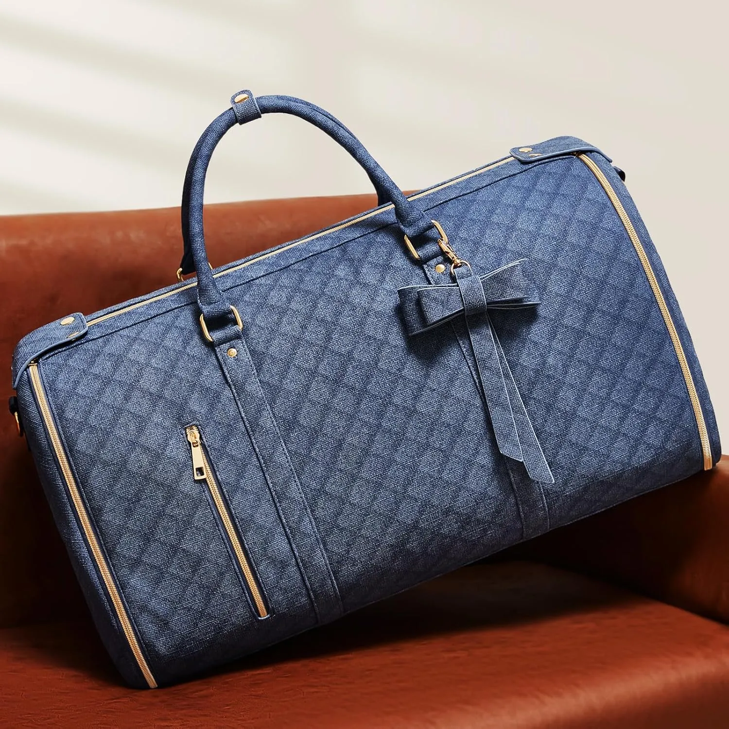 Garment Bags for Travel, Convertible Suit Travel Bag for Women, Stylish Carry On Garment Bag with Toiletry Pocket, Shoulder Strap & Shoes Compartment, 2 in 1 Foldable PU Leather Duffle Bag, Navy Blue