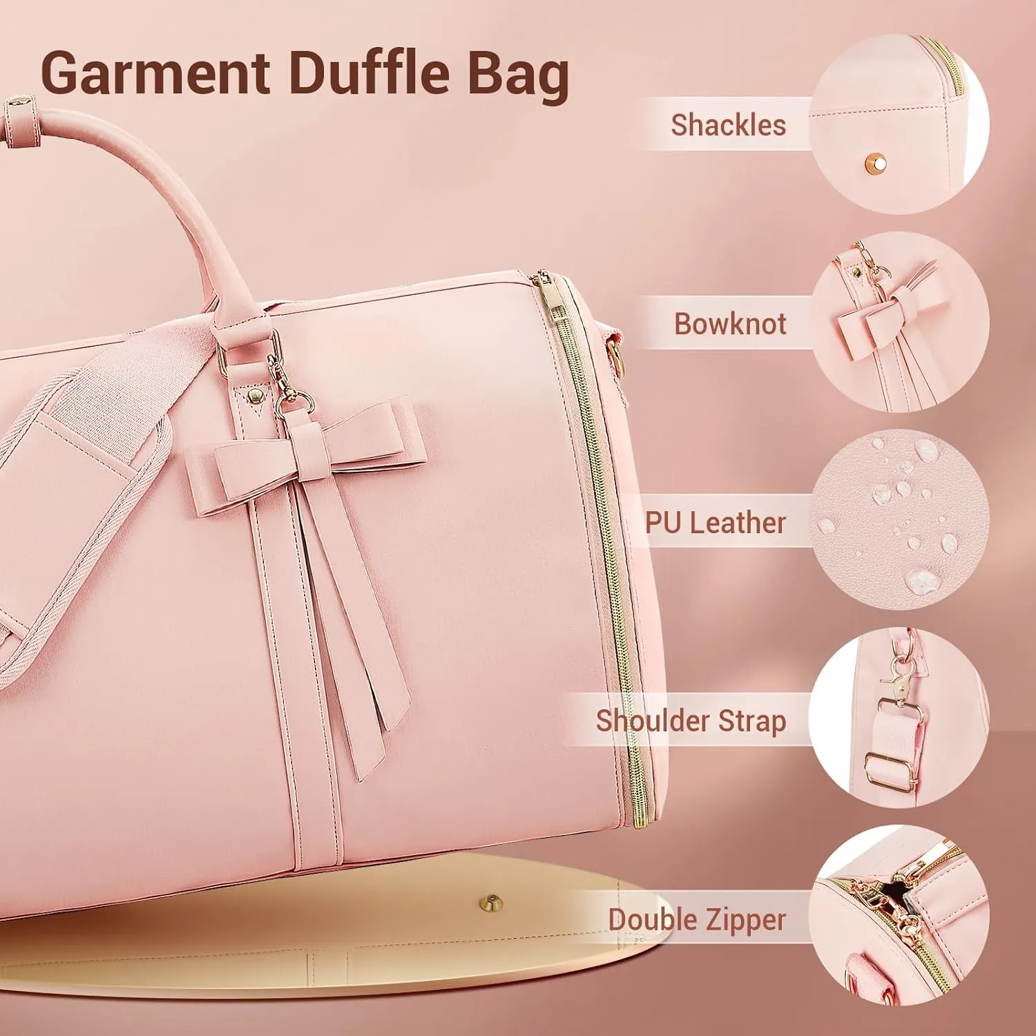 Garment Bags for Travel, Convertible Suit Travel Bag for Women, Stylish Carry On Garment Bag with Toiletry Pocket, Shoulder Strap and Shoes Compartment, 2 in 1 Foldable PU Leather Duffle Bag, Pink