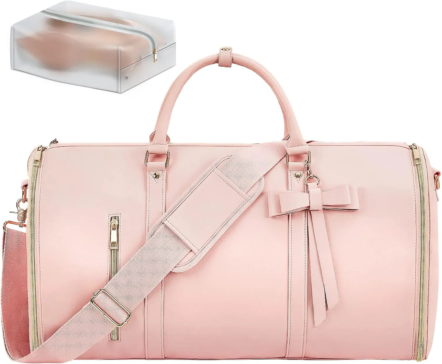 Garment Bags for Travel, Convertible Suit Travel Bag for Women, Stylish Carry On Garment Bag with Toiletry Pocket, Shoulder Strap and Shoes Compartment, 2 in 1 Foldable PU Leather Duffle Bag, Pink