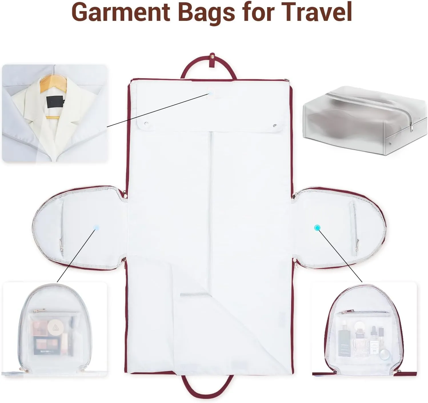 Garment Bags for Travel, Convertible Suit Travel Bag for Women, Stylish Carry On Garment Bag with Toiletry Pocket, Shoulder Strap and Shoes Compartment, 2 in 1 Foldable PU Leather Duffle Bag, Sangria