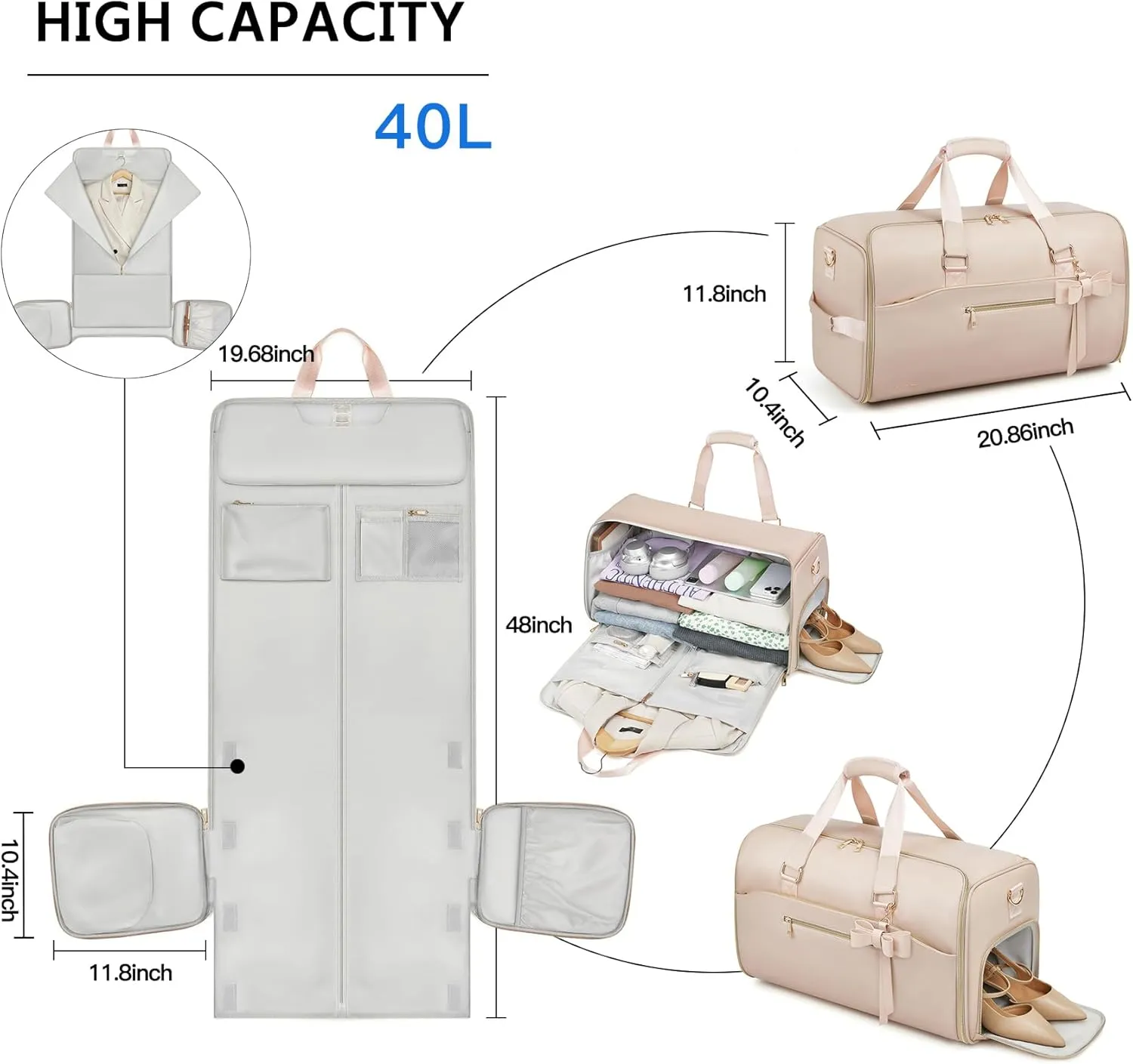 Garment Duffle Bags for Travel,Moulyan Convertible Garment Bag with Shoe Compartment,3 in 1 Waterproof Travel Suit Bag with Shoulder Strap for Women