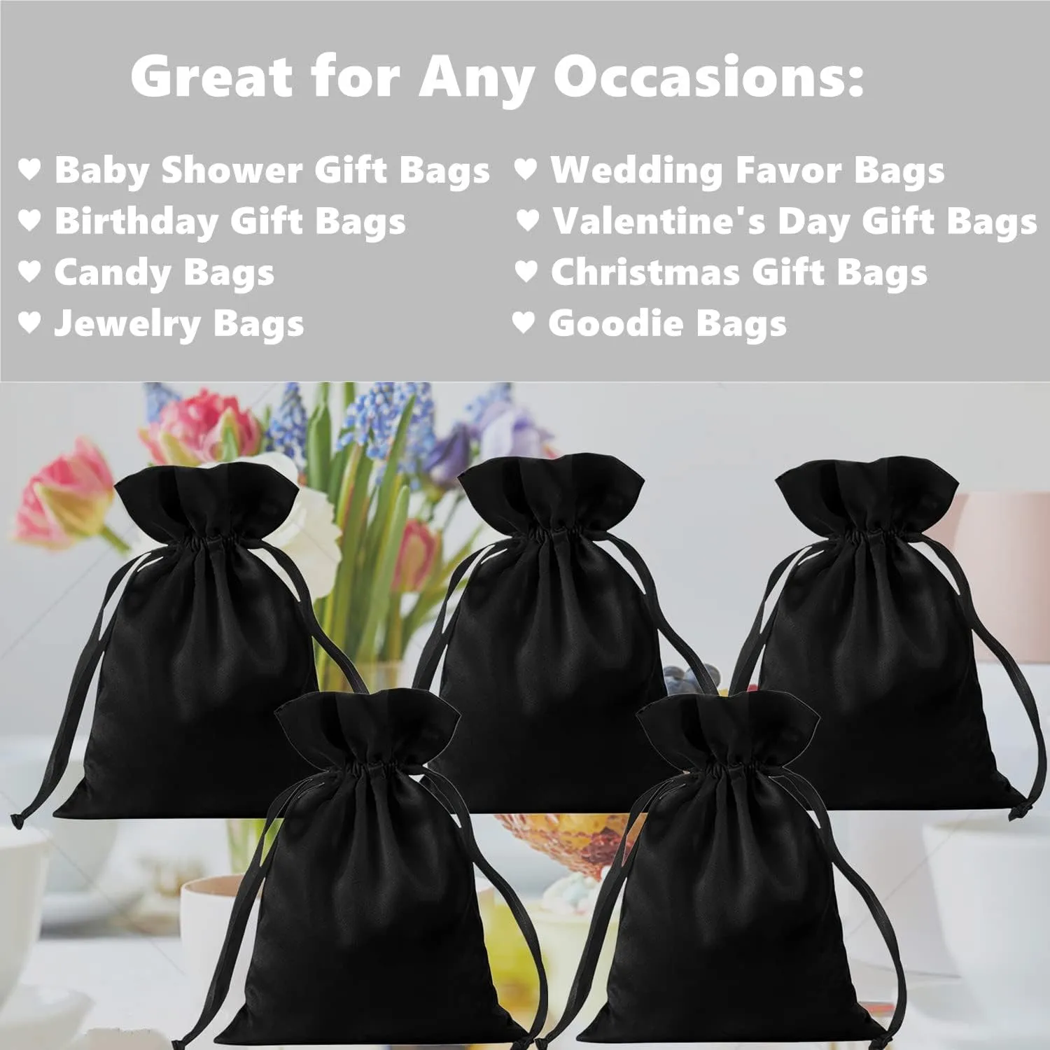Gbateri 35pcs Black Satin Bags with Drawstring, 6x9 Inches Drawstring Gift Bags, Party Favor Bags Drawstring Pouch for Baby Shower, Bridal Shower, Christmas, Party Supplies, Candy, Jewelry Bags