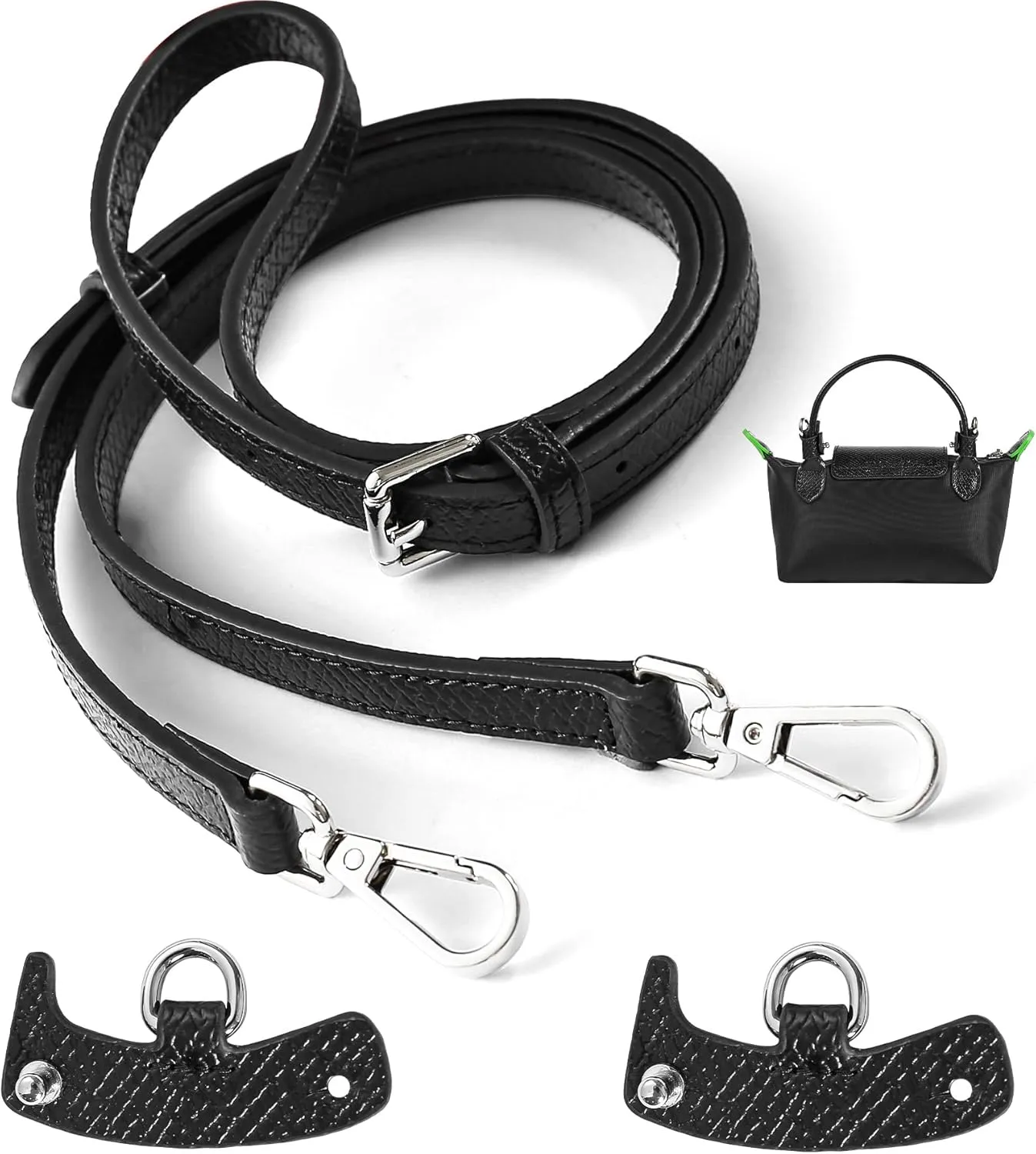 Genuine Leather Bag Strap for Longchamp Mini Pouch, Black Adjustable Purse Strap Replacement for Women Bag
