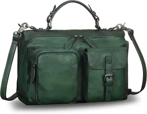 Genuine Leather Messenger Bags Satchel for Women Handmade Vintage Top Handle Crossbody Handbag Purse (Green)