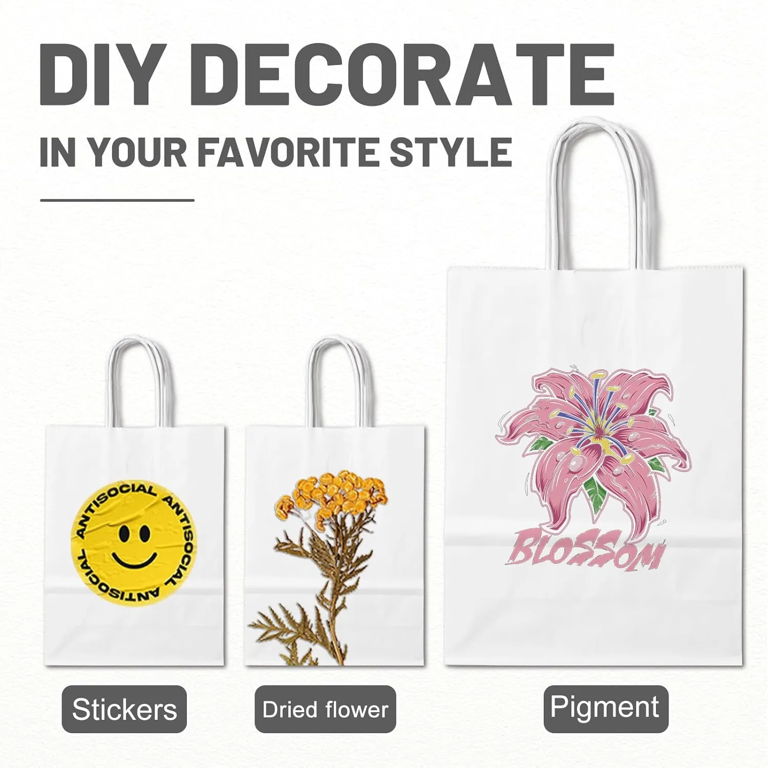 Gift Bags 8.25"x5.9 "x3.15" 50Pcs Paper Bags with Handles,kraft paper Bags for Small Business Christmas Bulk Bags, Wedding Party Favor Bags,Shopping Lunch Bags, Halloween Trick-or-Treat Bags (White)