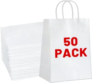 Gift Bags 8.25"x5.9 "x3.15" 50Pcs Paper Bags with Handles,kraft paper Bags for Small Business Christmas Bulk Bags, Wedding Party Favor Bags,Shopping Lunch Bags, Halloween Trick-or-Treat Bags (White)