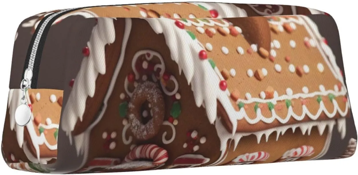 Gingerbread House Makeup Bag for Women Men Pencil Pouch Travel Small Cosmetic Bag Zippered Toiletry Bags Aesthetic Pen Bags Trendy Storage Bags Leather Coin Pouch Purse