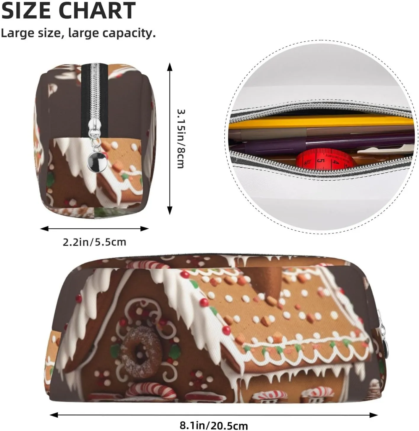 Gingerbread House Makeup Bag for Women Men Pencil Pouch Travel Small Cosmetic Bag Zippered Toiletry Bags Aesthetic Pen Bags Trendy Storage Bags Leather Coin Pouch Purse