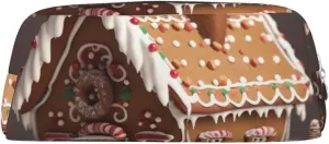 Gingerbread House Makeup Bag for Women Men Pencil Pouch Travel Small Cosmetic Bag Zippered Toiletry Bags Aesthetic Pen Bags Trendy Storage Bags Leather Coin Pouch Purse