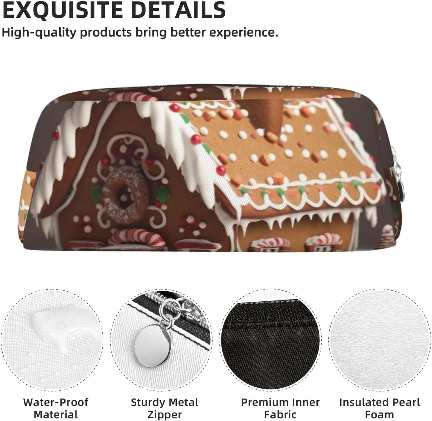 Gingerbread House Makeup Bag for Women Men Pencil Pouch Travel Small Cosmetic Bag Zippered Toiletry Bags Aesthetic Pen Bags Trendy Storage Bags Leather Coin Pouch Purse