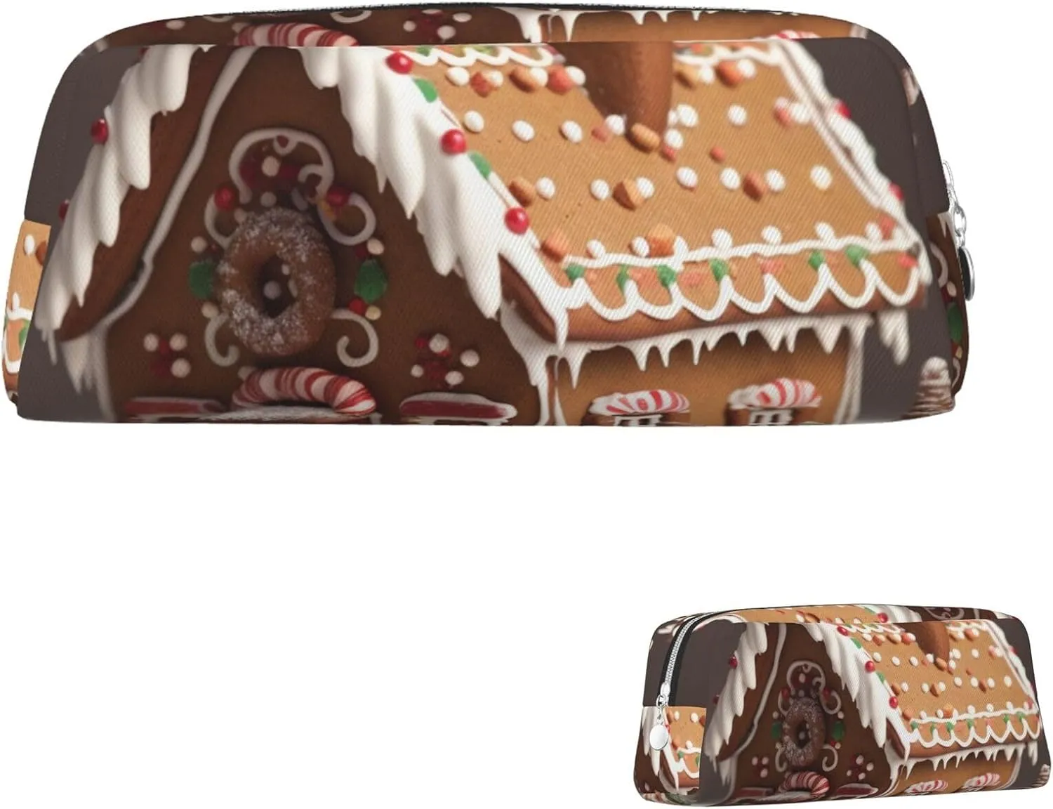 Gingerbread House Makeup Bag for Women Men Pencil Pouch Travel Small Cosmetic Bag Zippered Toiletry Bags Aesthetic Pen Bags Trendy Storage Bags Leather Coin Pouch Purse