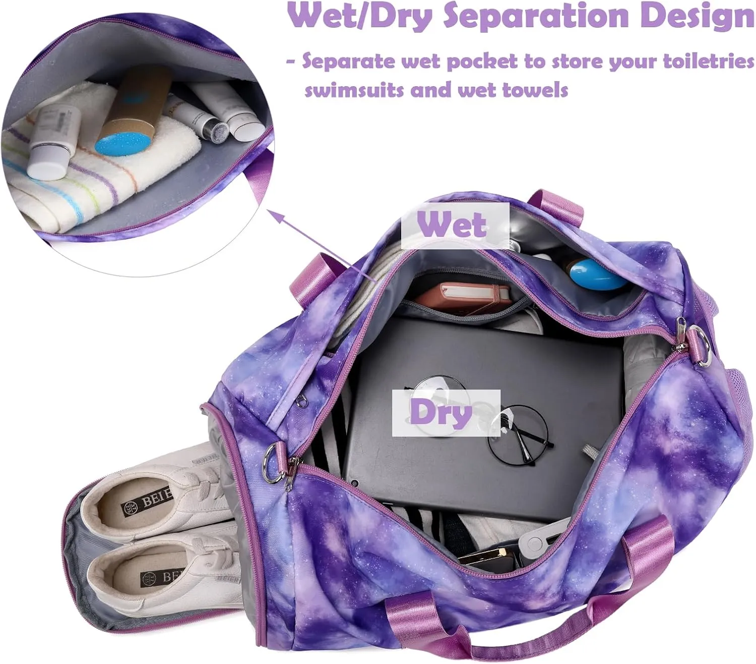 Girls Duffle Bags, Purple Ballet Gym Sport Gymnastics Overnight Travel Sleepover Bags with Wet & Shoe Compartments for Girls