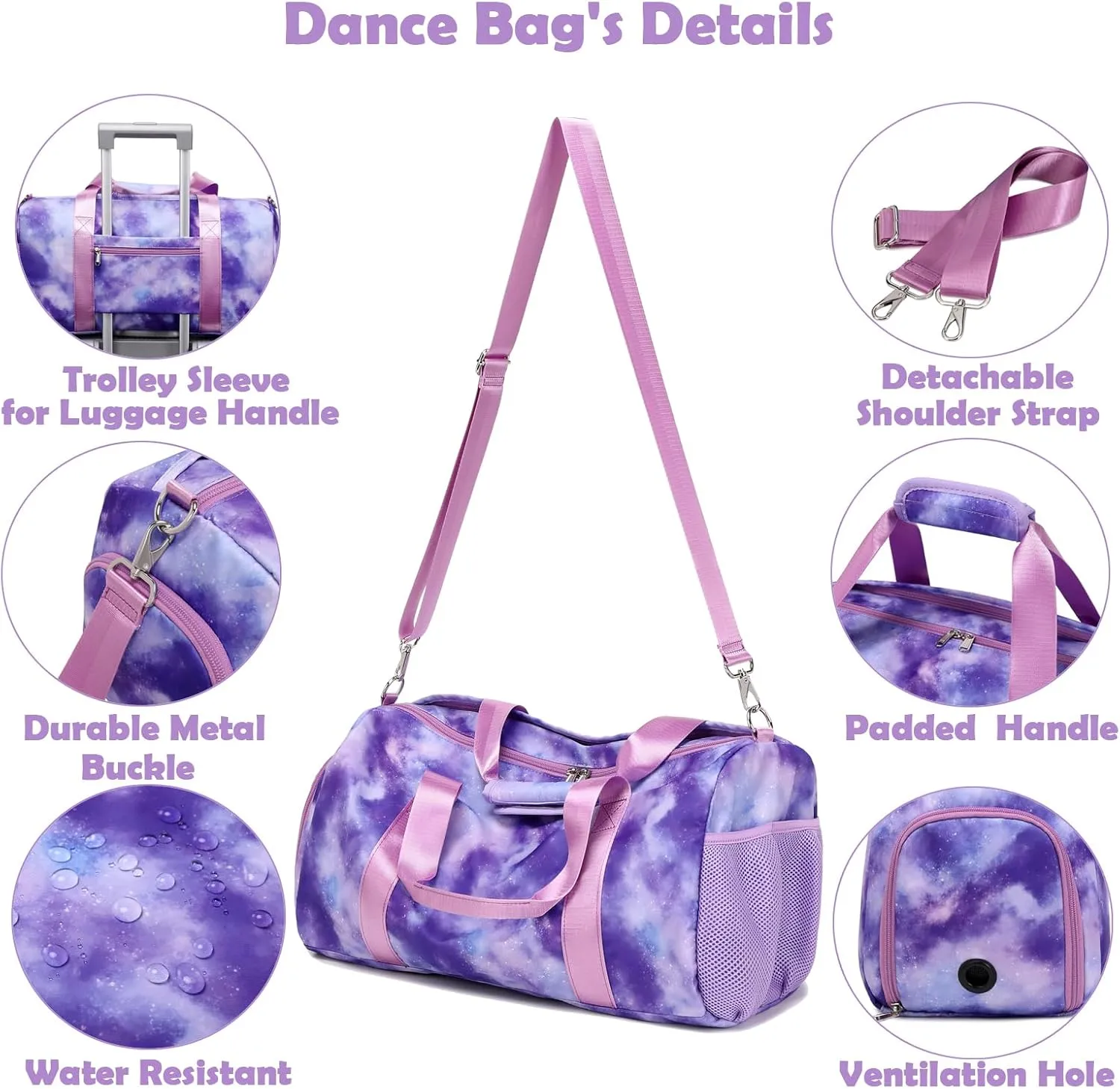 Girls Duffle Bags, Purple Ballet Gym Sport Gymnastics Overnight Travel Sleepover Bags with Wet & Shoe Compartments for Girls