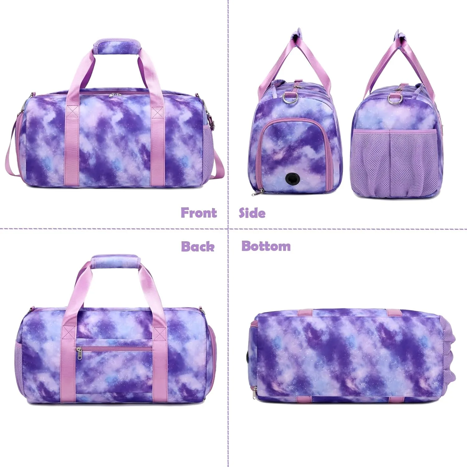 Girls Duffle Bags, Purple Ballet Gym Sport Gymnastics Overnight Travel Sleepover Bags with Wet & Shoe Compartments for Girls