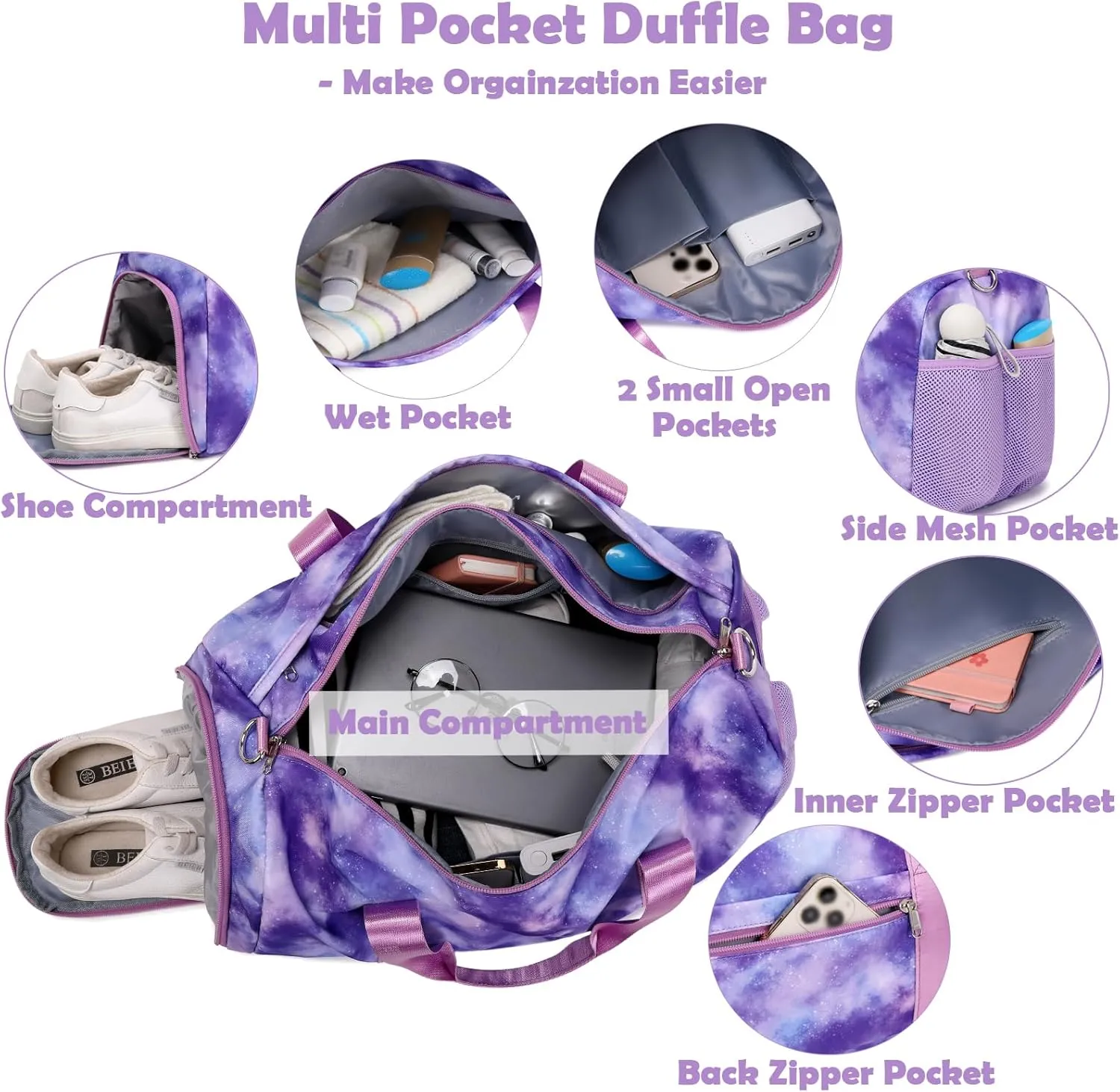 Girls Duffle Bags, Purple Ballet Gym Sport Gymnastics Overnight Travel Sleepover Bags with Wet & Shoe Compartments for Girls