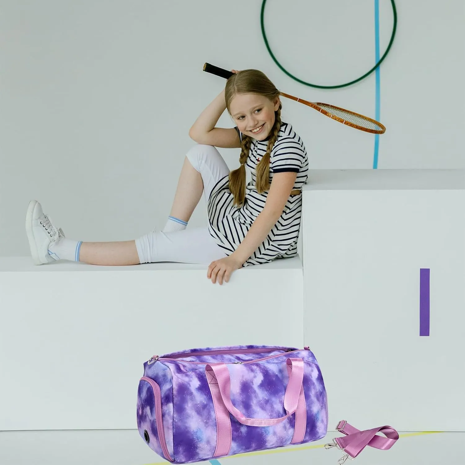 Girls Duffle Bags, Purple Ballet Gym Sport Gymnastics Overnight Travel Sleepover Bags with Wet & Shoe Compartments for Girls
