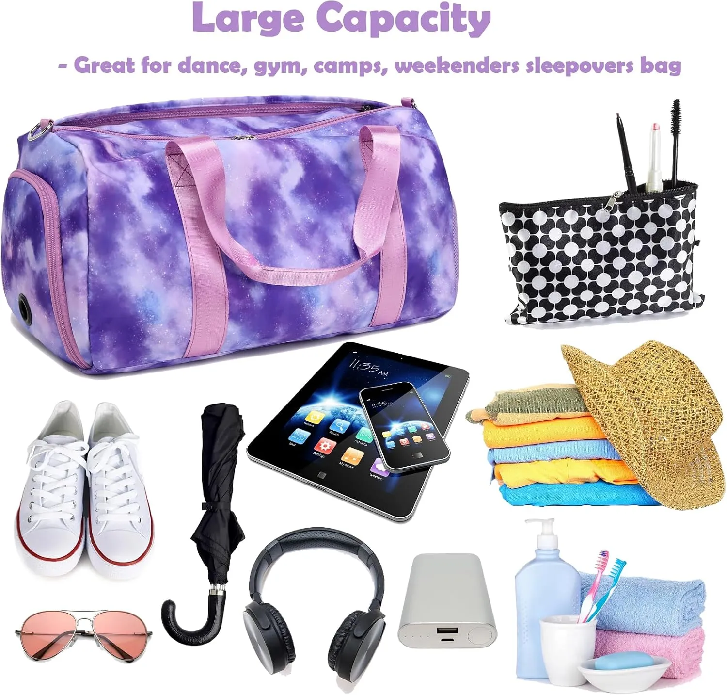Girls Duffle Bags, Purple Ballet Gym Sport Gymnastics Overnight Travel Sleepover Bags with Wet & Shoe Compartments for Girls
