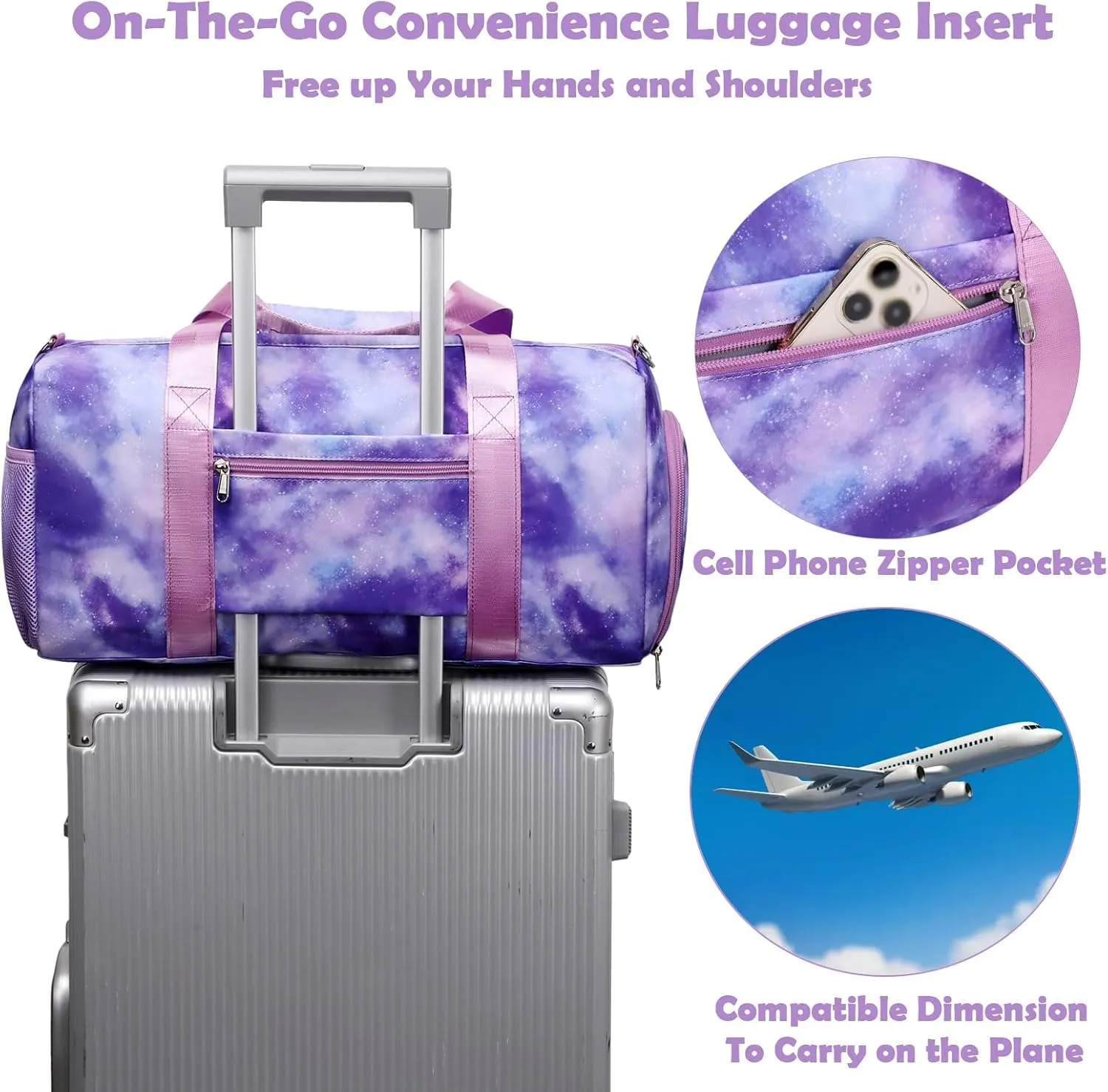 Girls Duffle Bags, Purple Ballet Gym Sport Gymnastics Overnight Travel Sleepover Bags with Wet & Shoe Compartments for Girls