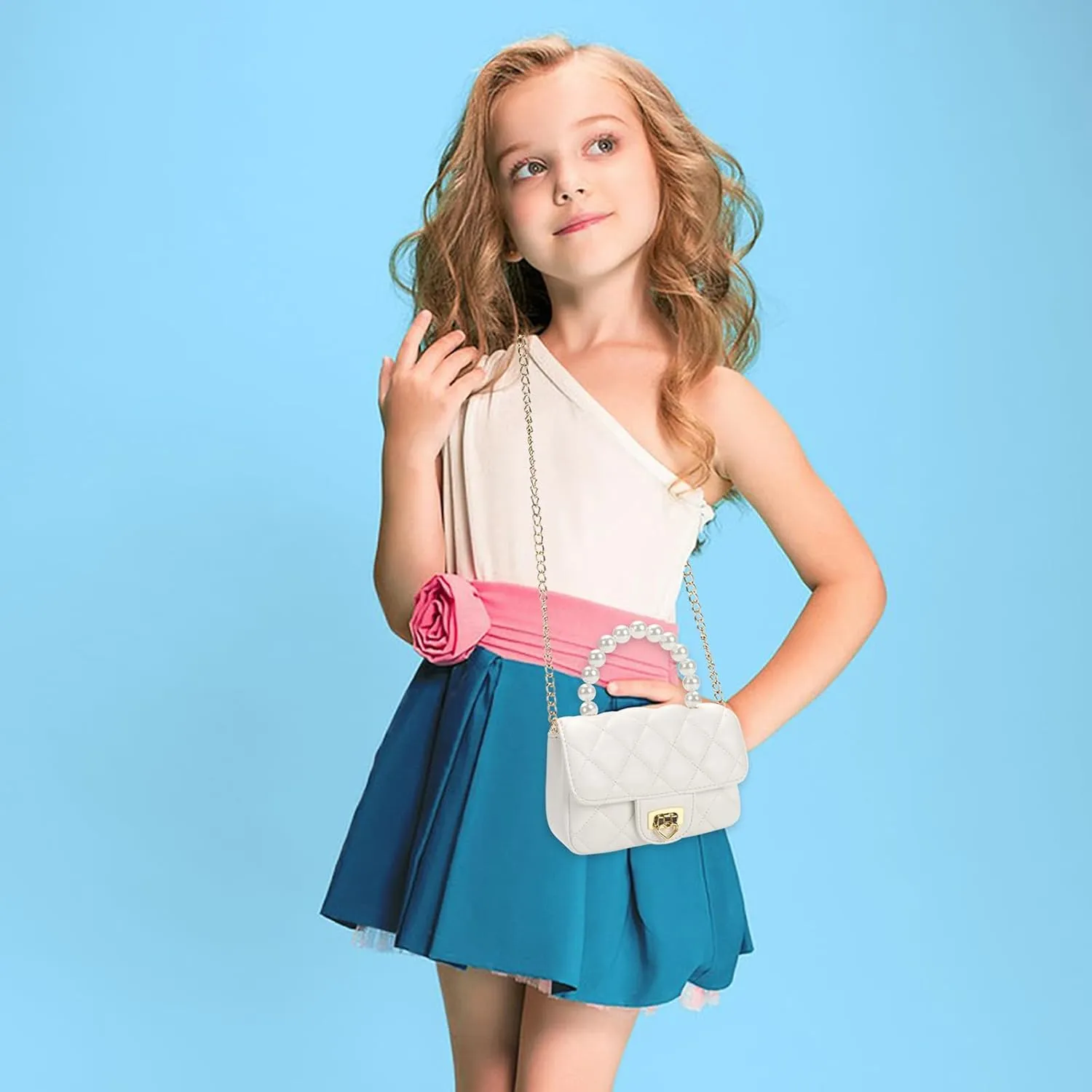 Girls Purses for Kids, Toddler Crossbody Bag with Pearl Handle, Kids Chain Handbag Heart Purses for Girls