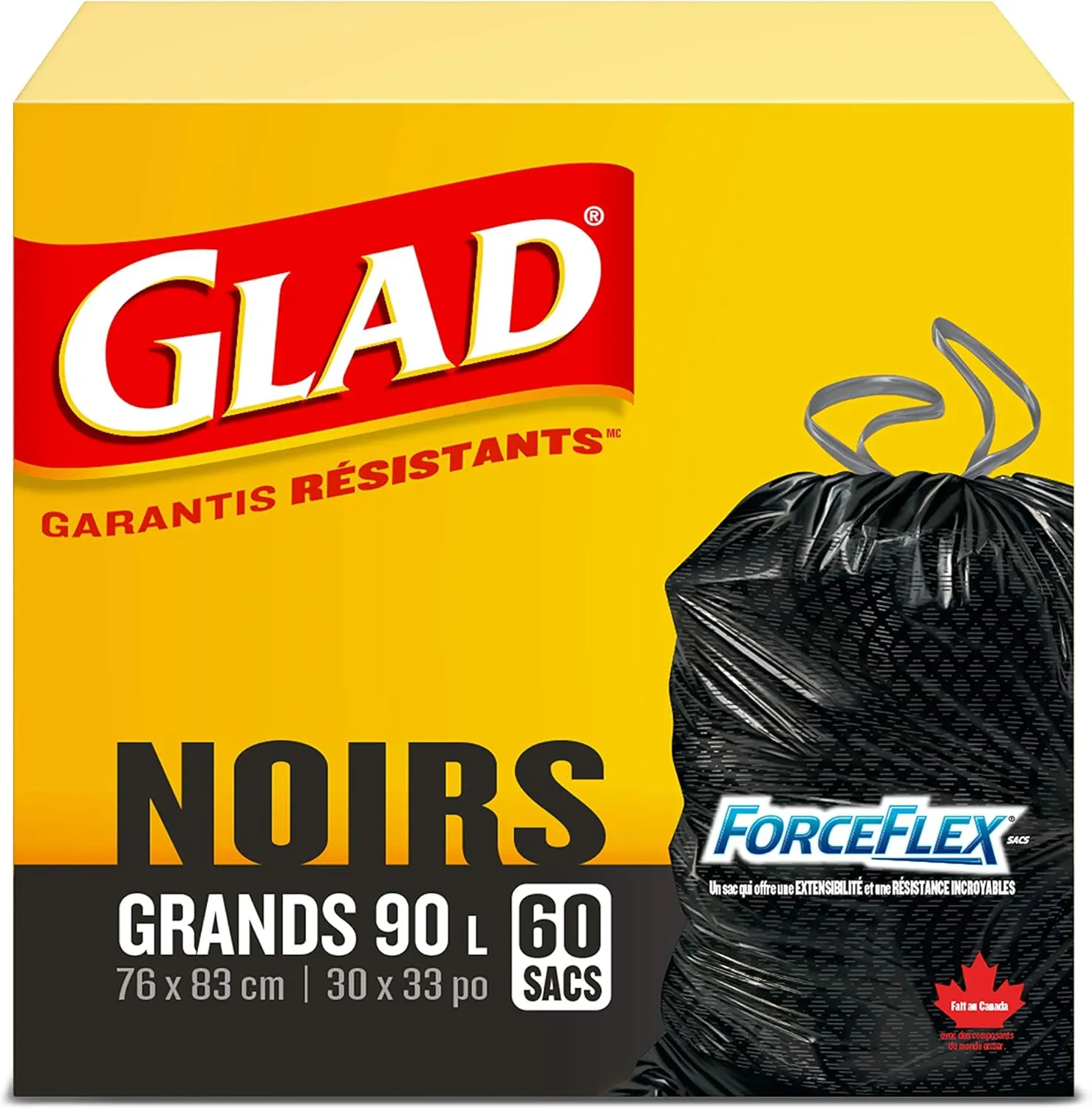 Glad Black Garbage Bags - Large 90 Litres - ForceFlex, Drawstring, 60 Trash Bags, Made in Canada of Global Components
