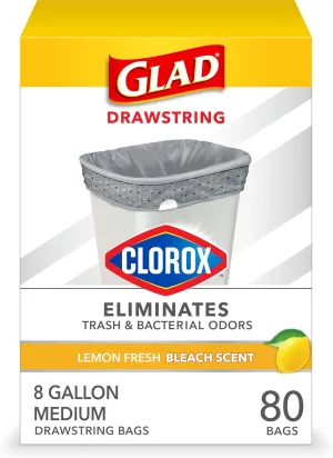 Glad Medium Drawstring Trash Bags with Clorox, 8 Gal, Lemon Fresh Bleach, 80 Ct (Package May Vary)