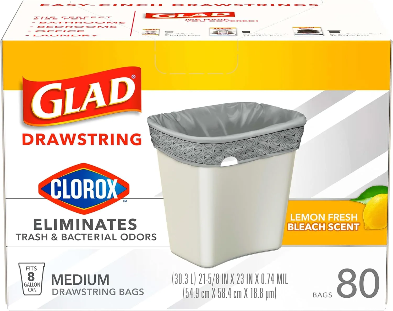 Glad Medium Drawstring Trash Bags with Clorox, 8 Gal, Lemon Fresh Bleach, 80 Ct (Package May Vary)