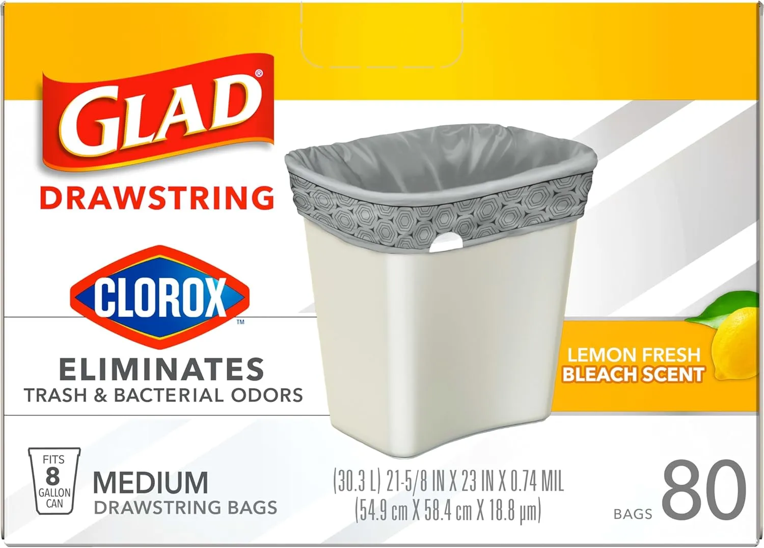 Glad Medium Drawstring Trash Bags with Clorox, 8 Gal, Lemon Fresh Bleach, 80 Ct (Package May Vary)