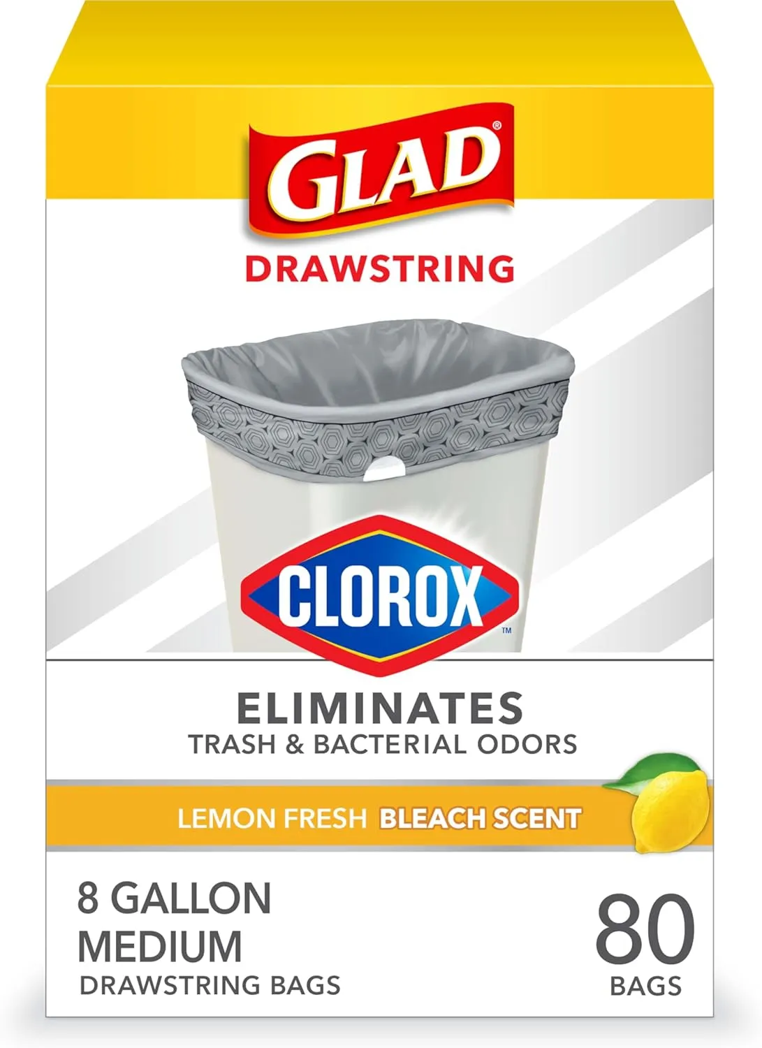 Glad Medium Drawstring Trash Bags with Clorox, 8 Gal, Lemon Fresh Bleach, 80 Ct (Package May Vary)