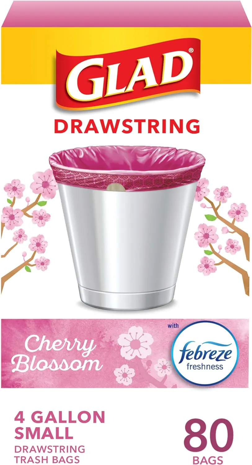 Glad Odorshield Small Drawstring Trash Bags, 4 Gal, Pink, Cherry Blossom, 80 Ct, Pack May Vary