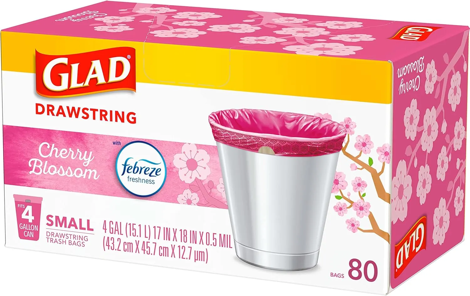 Glad Odorshield Small Drawstring Trash Bags, 4 Gal, Pink, Cherry Blossom, 80 Ct, Pack May Vary