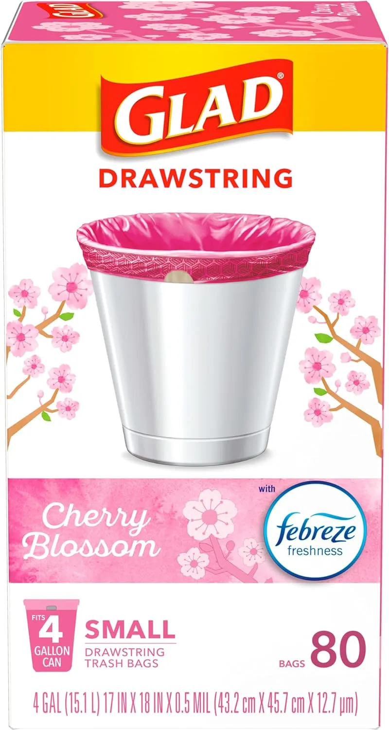 Glad Odorshield Small Drawstring Trash Bags, 4 Gal, Pink, Cherry Blossom, 80 Ct, Pack May Vary