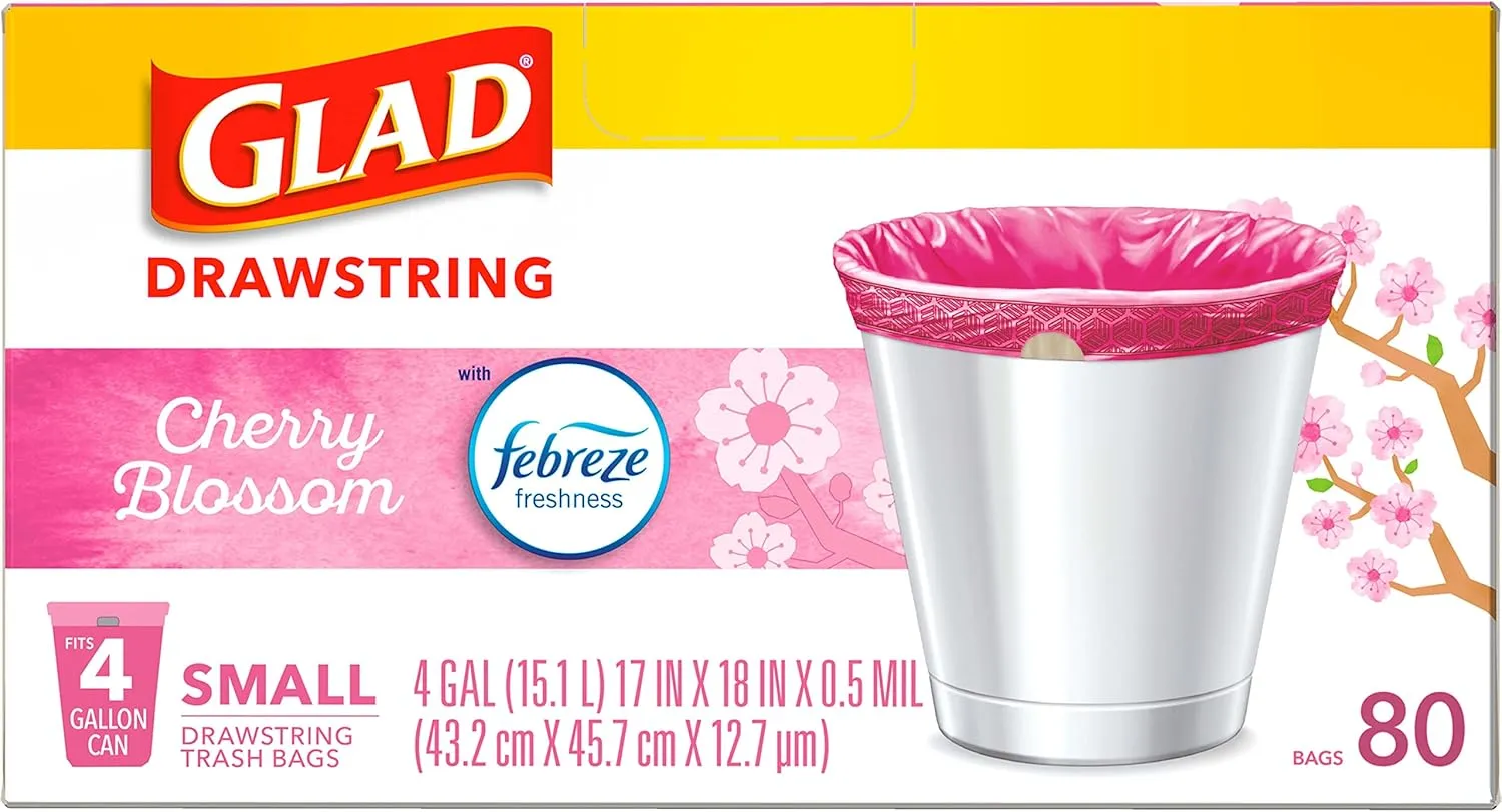 Glad Odorshield Small Drawstring Trash Bags, 4 Gal, Pink, Cherry Blossom, 80 Ct, Pack May Vary
