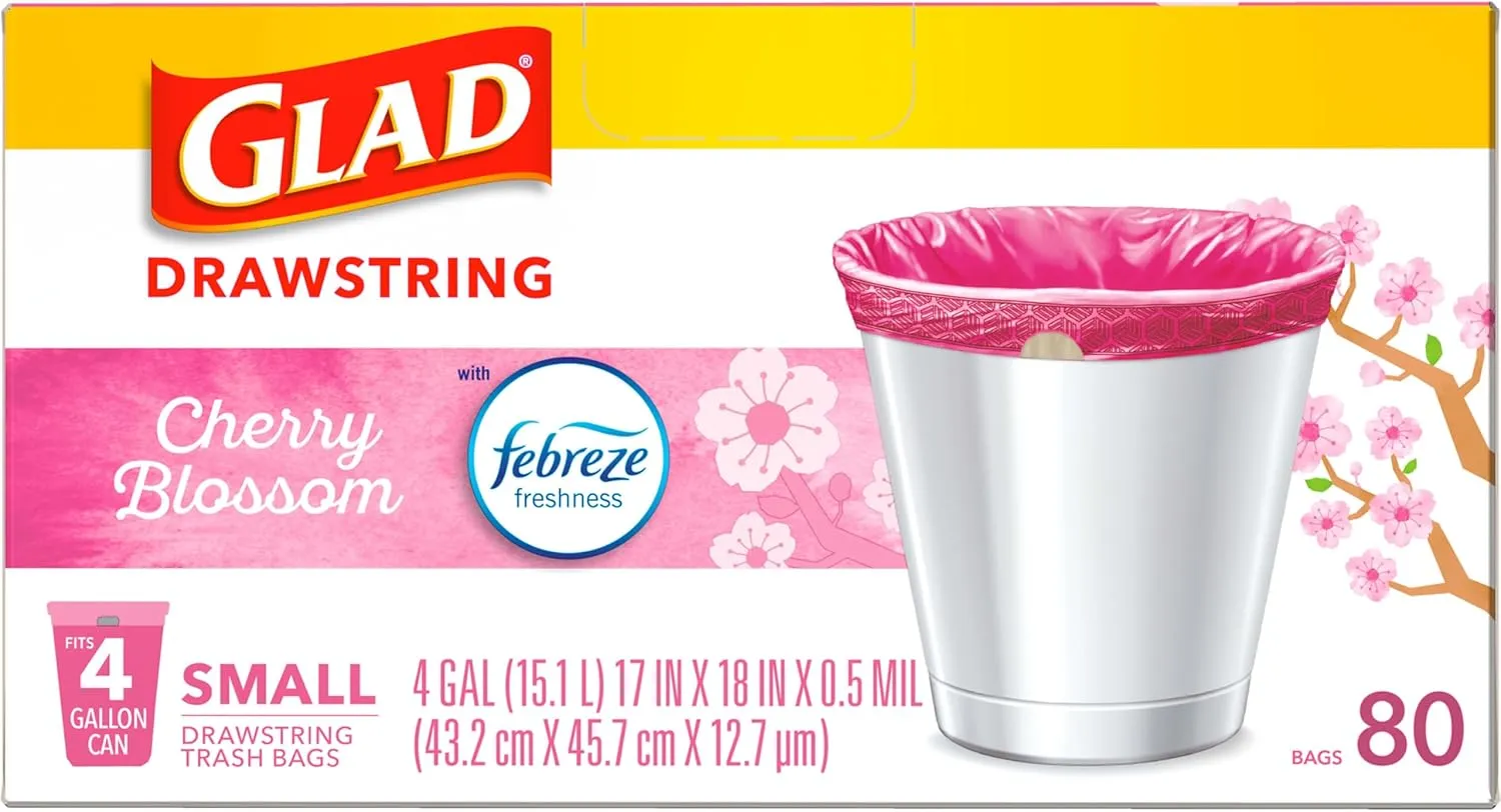 Glad Odorshield Small Drawstring Trash Bags, 4 Gal, Pink, Cherry Blossom, 80 Ct, Pack May Vary