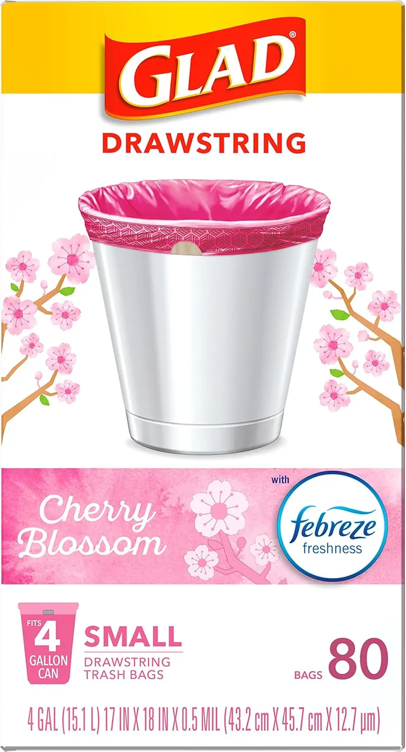 Glad Odorshield Small Drawstring Trash Bags, 4 Gal, Pink, Cherry Blossom, 80 Ct, Pack May Vary