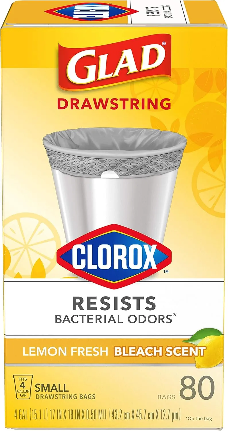 Glad Small Drawstring Trash Bags with Clorox, 4 Gal, Lemon Fresh Bleach, 80 Ct (Package May Vary)