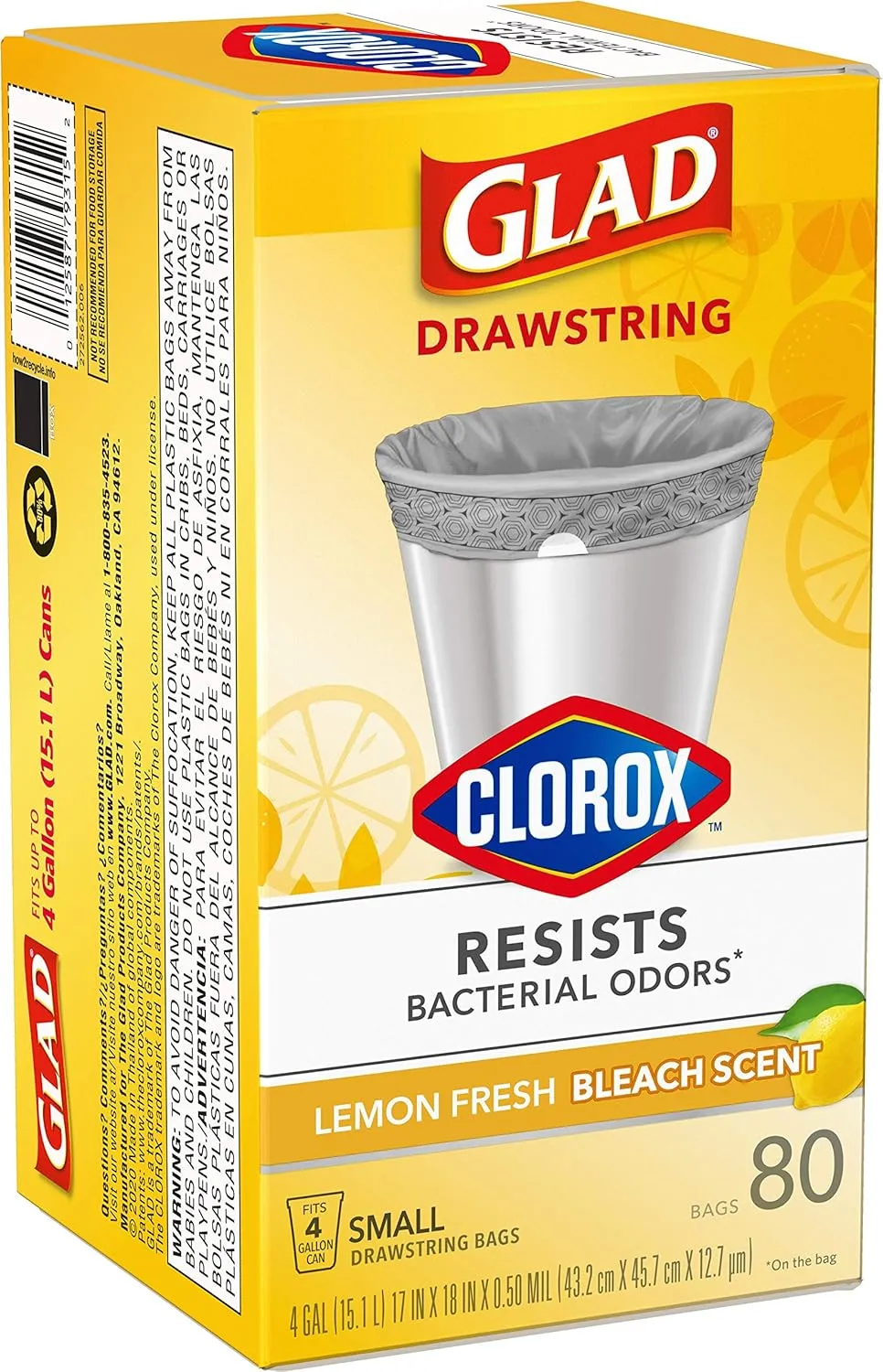 Glad Small Drawstring Trash Bags with Clorox, 4 Gal, Lemon Fresh Bleach, 80 Ct (Package May Vary)