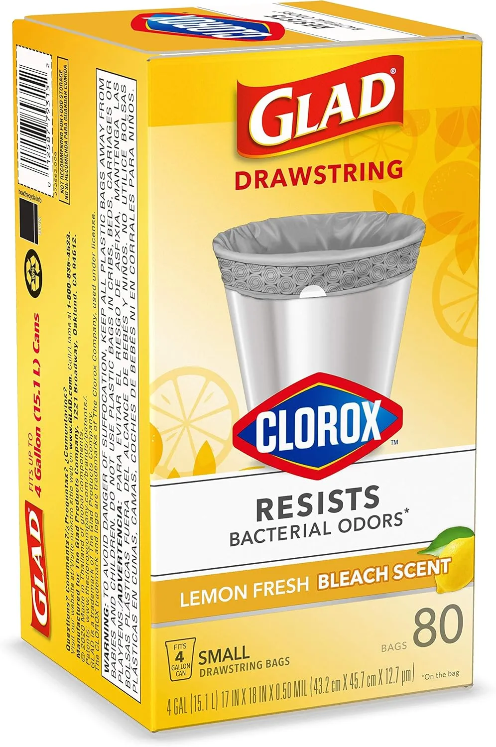 Glad Small Drawstring Trash Bags with Clorox, 4 Gal, Lemon Fresh Bleach, 80 Ct (Package May Vary)