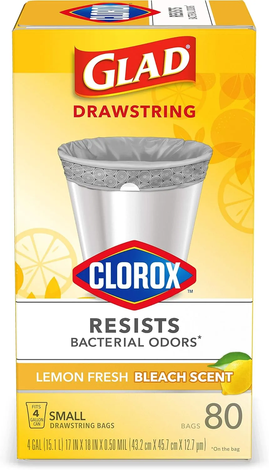 Glad Small Drawstring Trash Bags with Clorox, 4 Gal, Lemon Fresh Bleach, 80 Ct (Package May Vary)