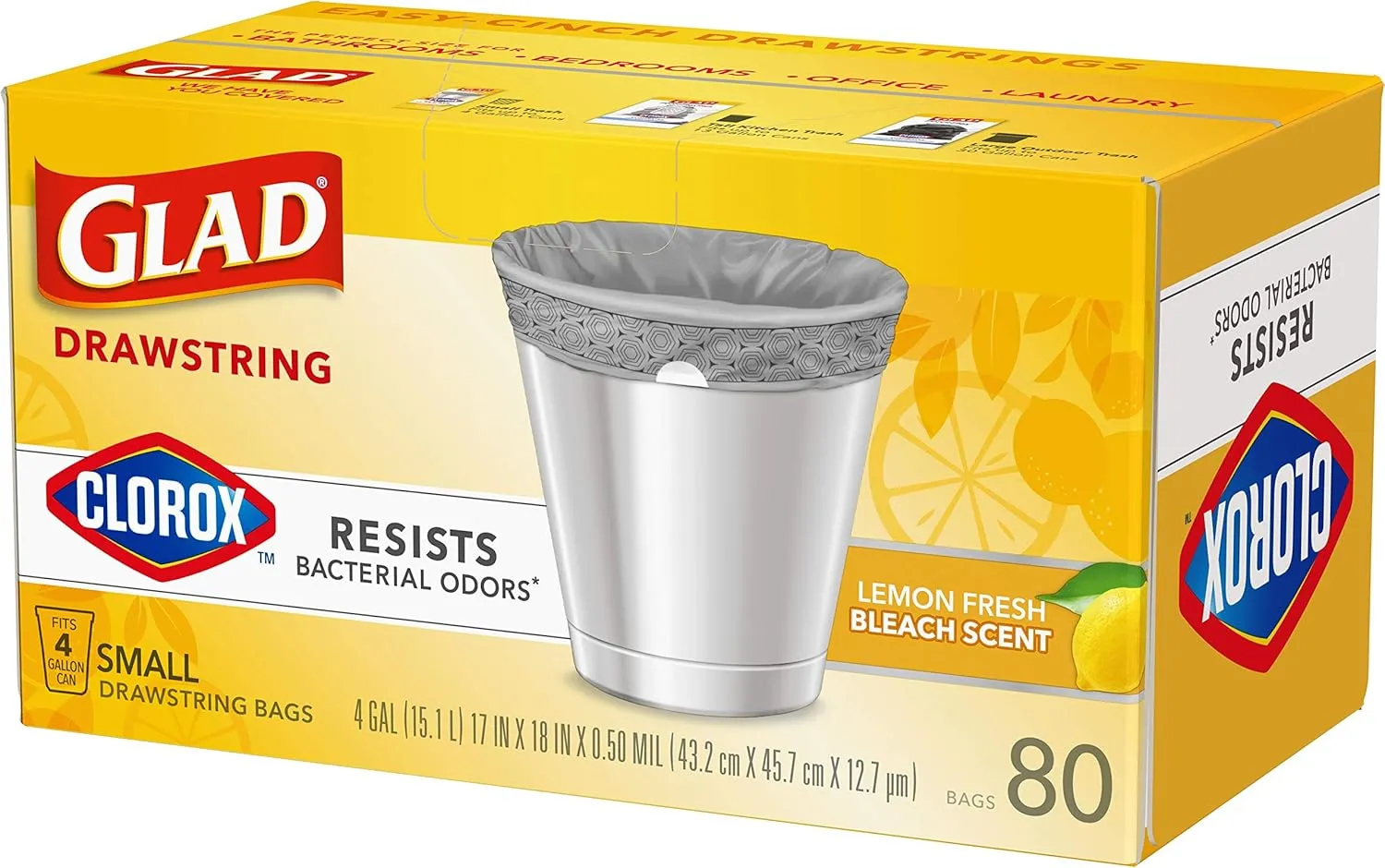 Glad Small Drawstring Trash Bags with Clorox, 4 Gal, Lemon Fresh Bleach, 80 Ct (Package May Vary)
