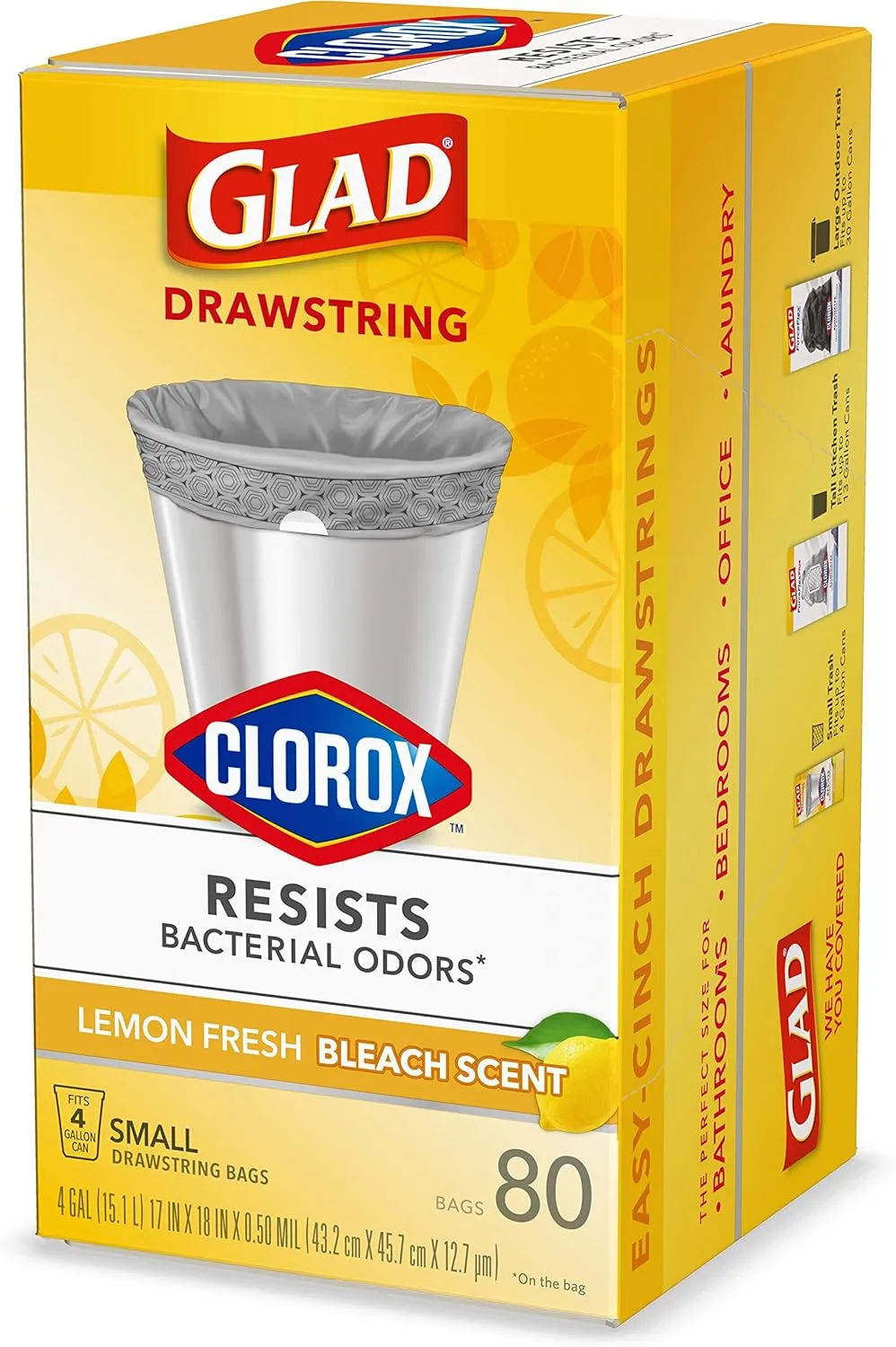 Glad Small Drawstring Trash Bags with Clorox, 4 Gal, Lemon Fresh Bleach, 80 Ct (Package May Vary)
