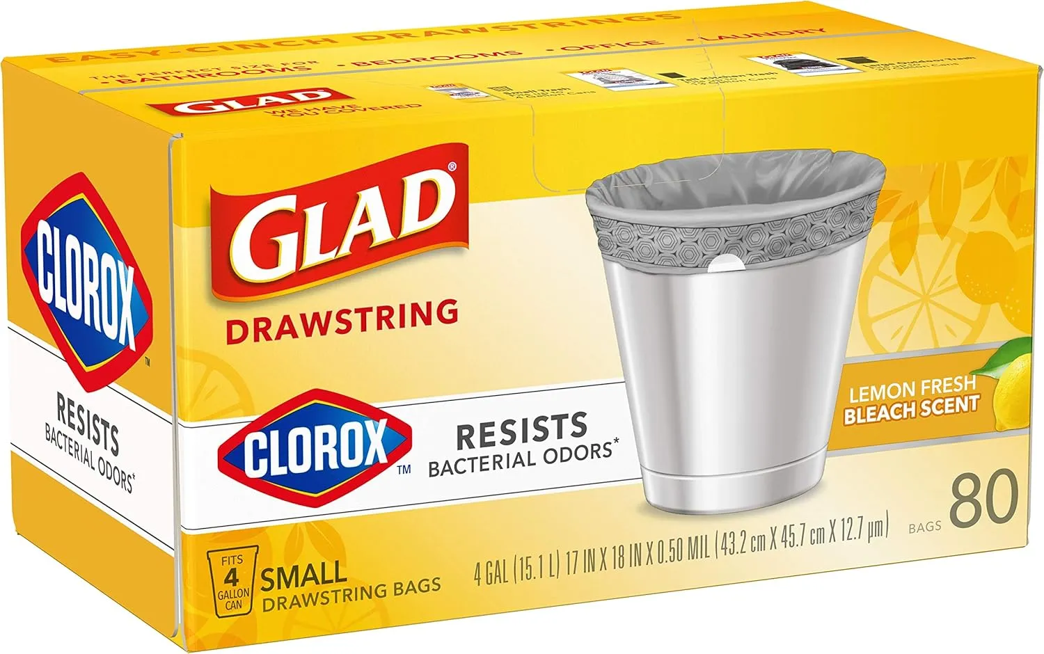 Glad Small Drawstring Trash Bags with Clorox, 4 Gal, Lemon Fresh Bleach, 80 Ct (Package May Vary)