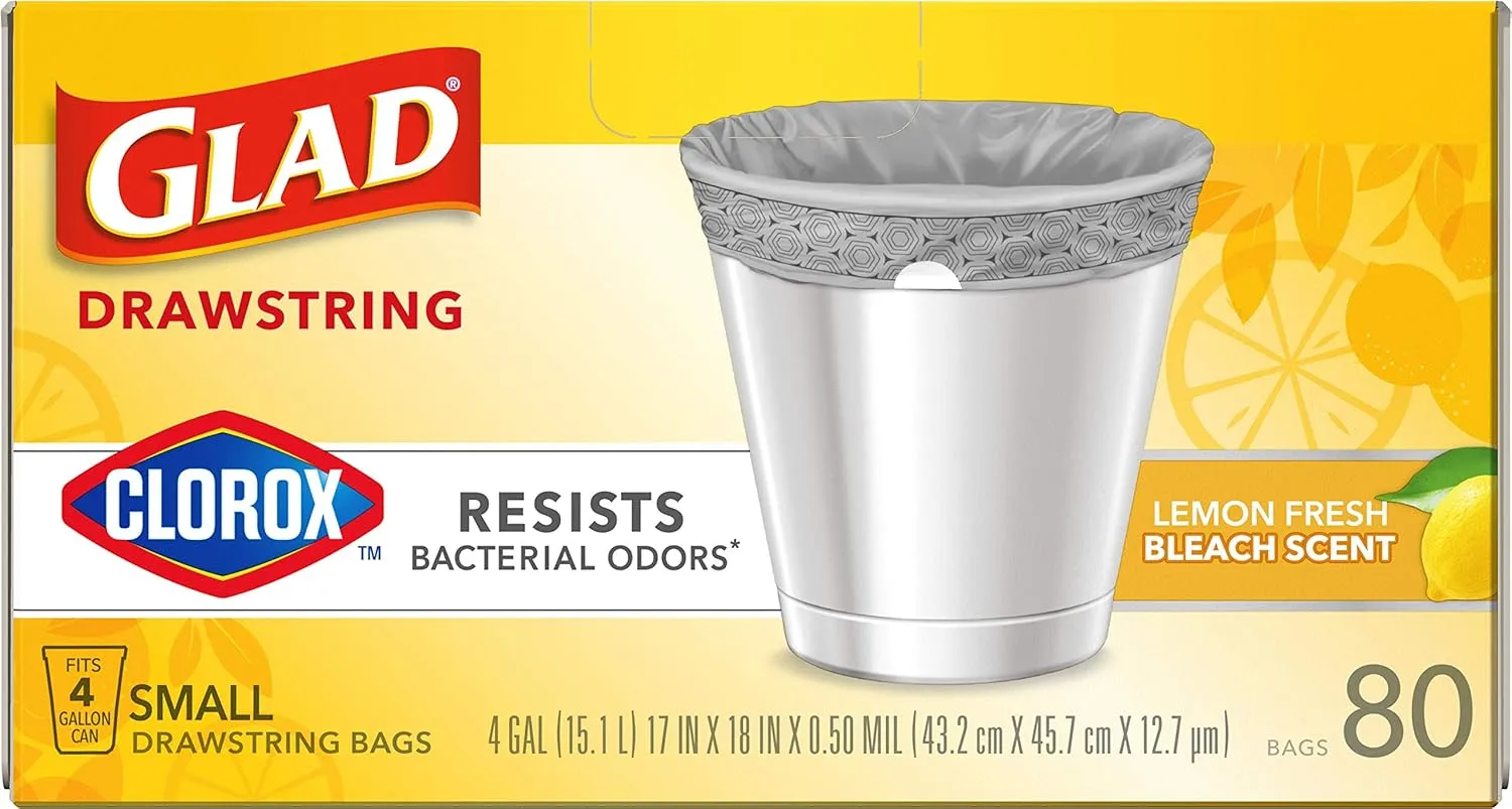Glad Small Drawstring Trash Bags with Clorox, 4 Gal, Lemon Fresh Bleach, 80 Ct (Package May Vary)