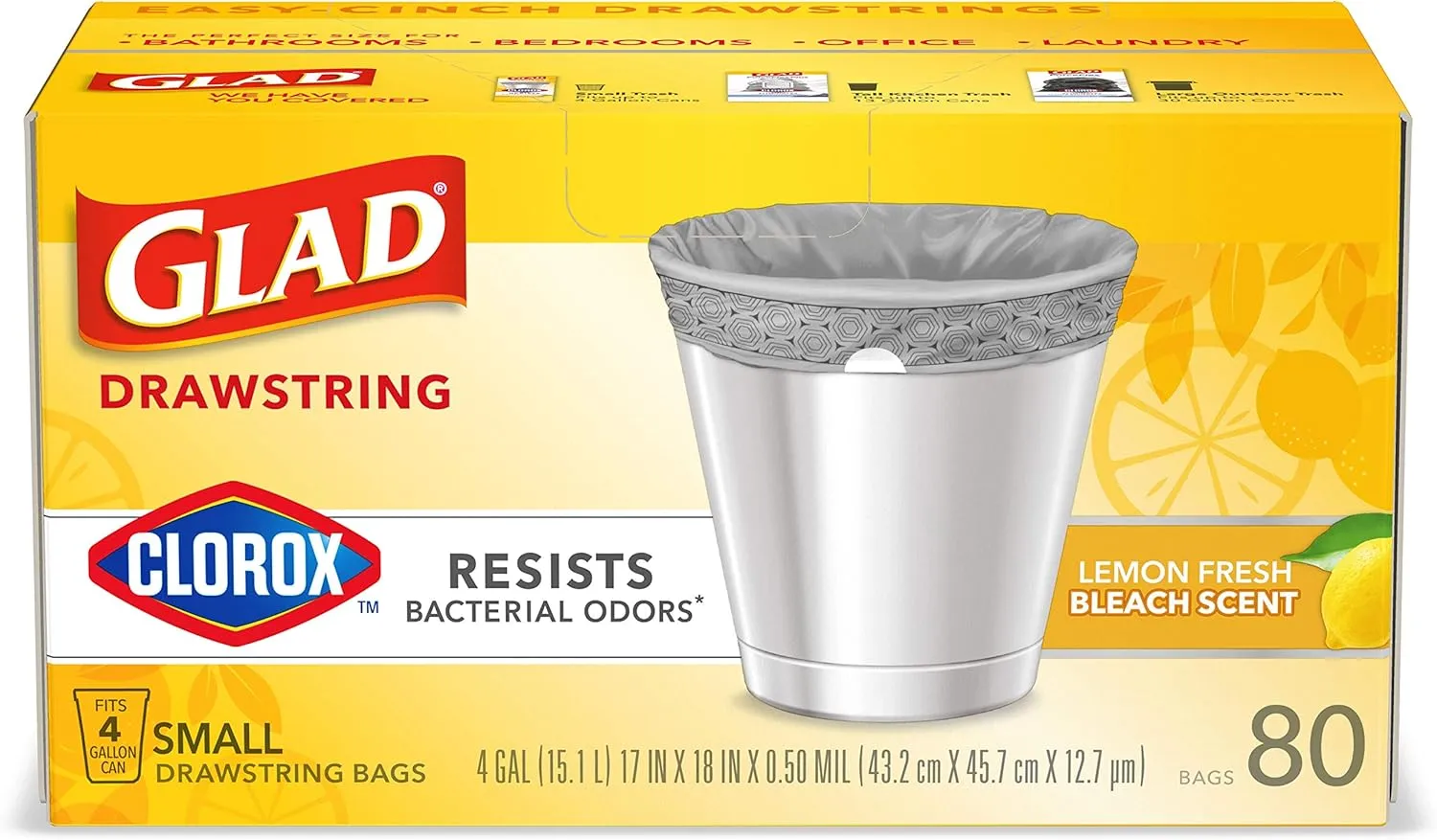 Glad Small Drawstring Trash Bags with Clorox, 4 Gal, Lemon Fresh Bleach, 80 Ct (Package May Vary)