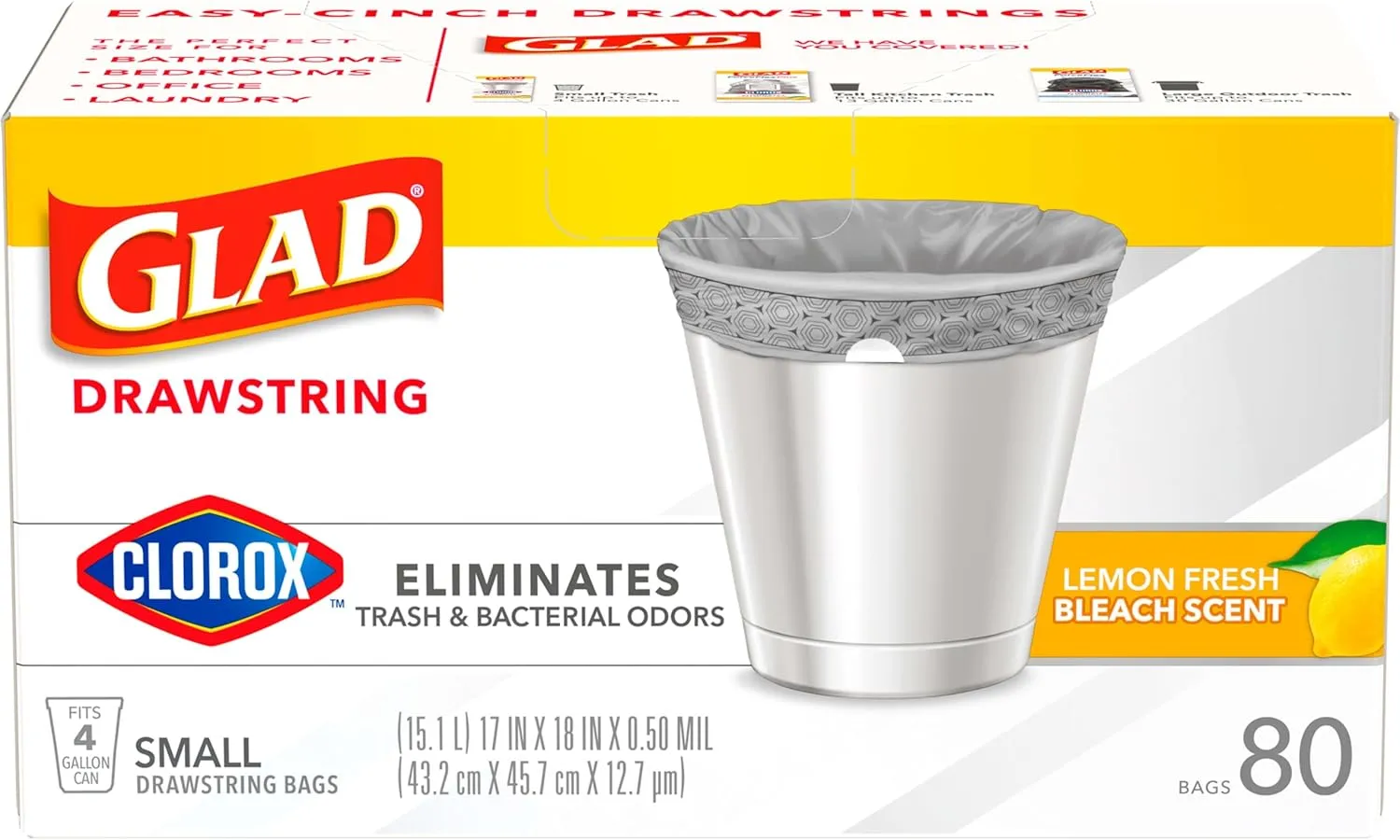 Glad Small Drawstring Trash Bags with Clorox, 4 Gal, Lemon Fresh Bleach, 80 Ct (Package May Vary)