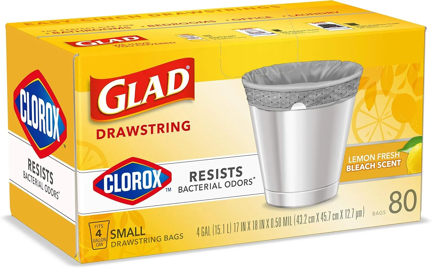 Glad Small Drawstring Trash Bags with Clorox, 4 Gal, Lemon Fresh Bleach, 80 Ct (Package May Vary)