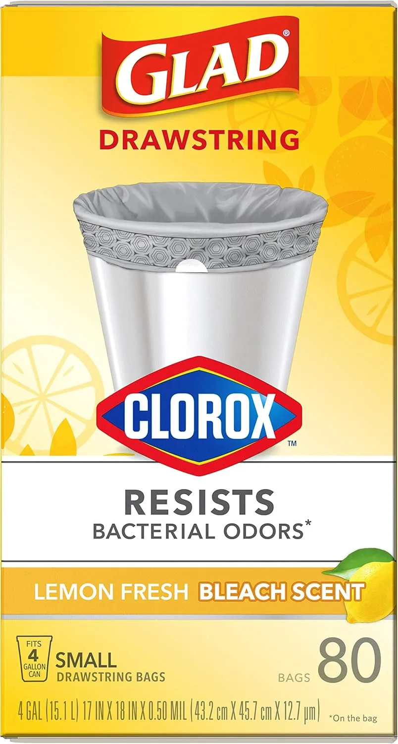 Glad Small Drawstring Trash Bags with Clorox, 4 Gal, Lemon Fresh Bleach, 80 Ct (Package May Vary)