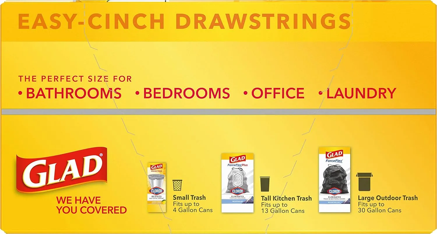Glad Small Drawstring Trash Bags with Clorox, 4 Gal, Lemon Fresh Bleach, 80 Ct (Package May Vary)